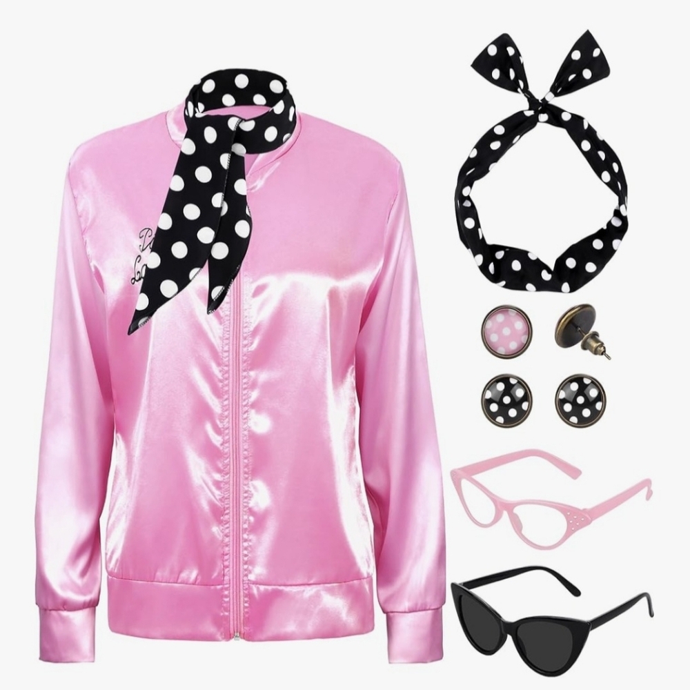 Pink Satin Varsity Jacket with Polka Dot Scarf